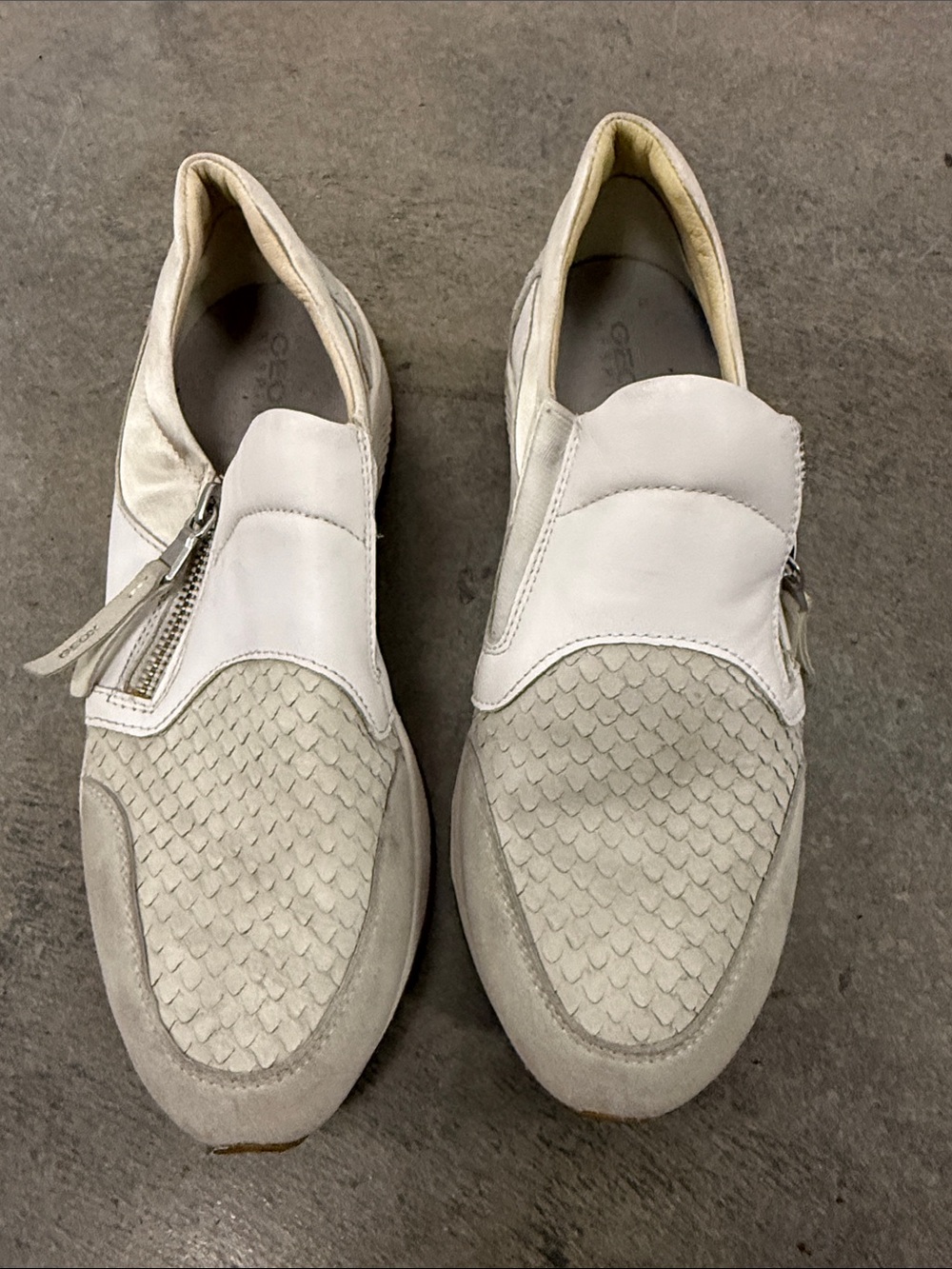 Geox White and Cream Slip-On Loafers with Zip Detail